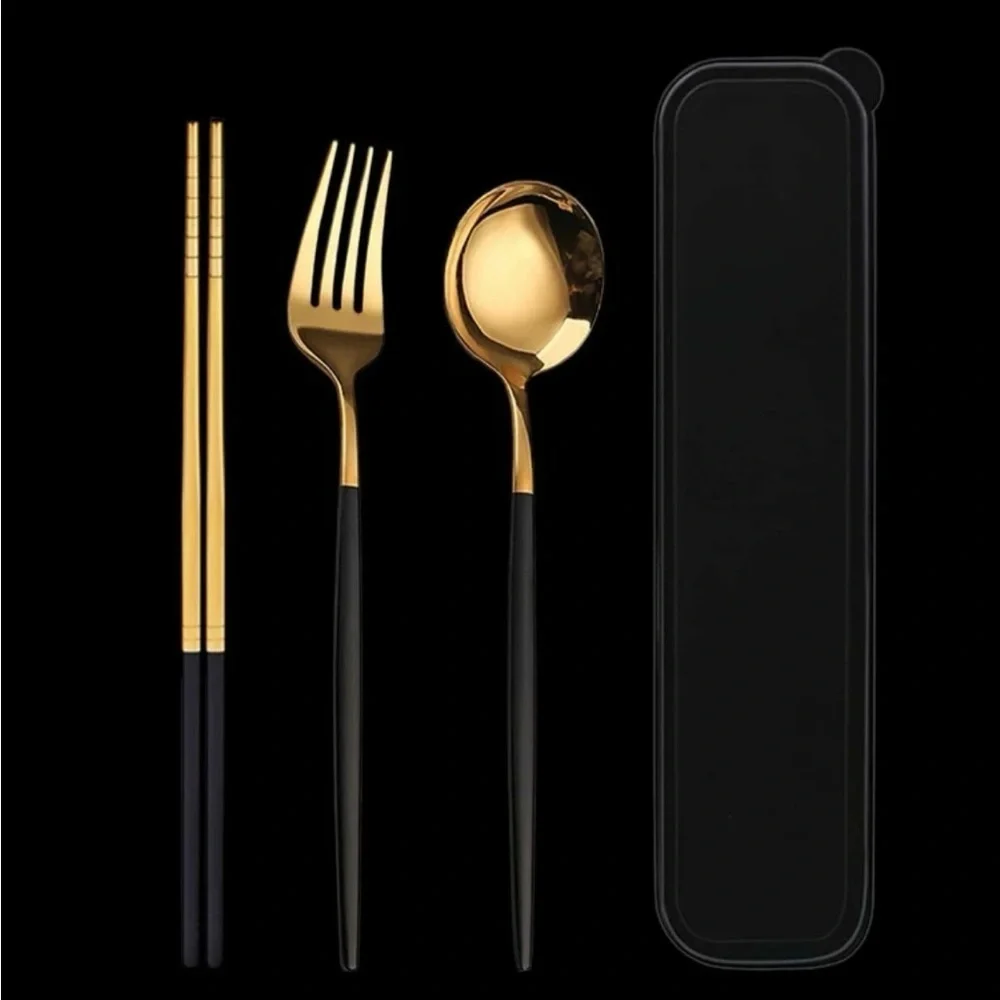 COPY - NEW TRAVEL UTENSILS BLACK/GOLD FORK, SPOON. CHOPSTICKS